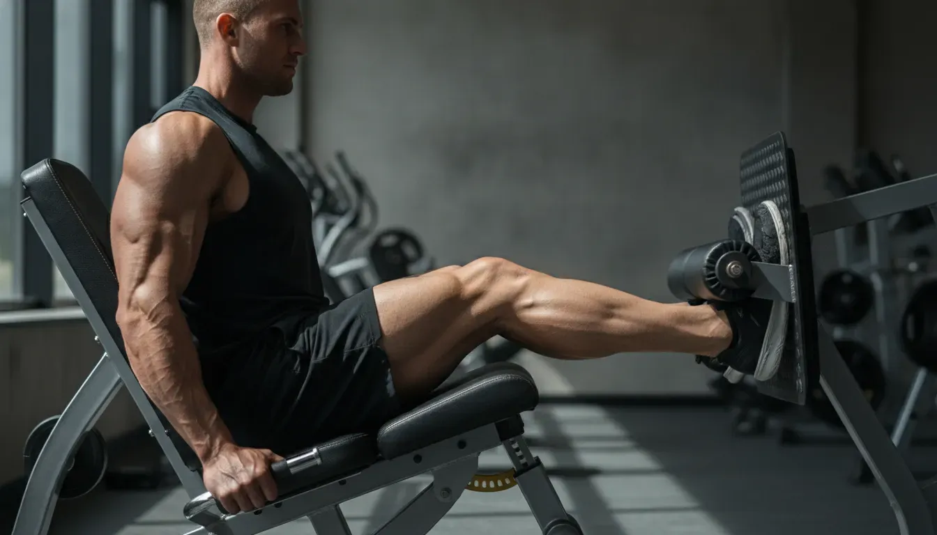 Photorealistic image of a trained lifter performing controlled lengthened partials on a leg extension machine in a gym, emphasizing the stretched position without any text.