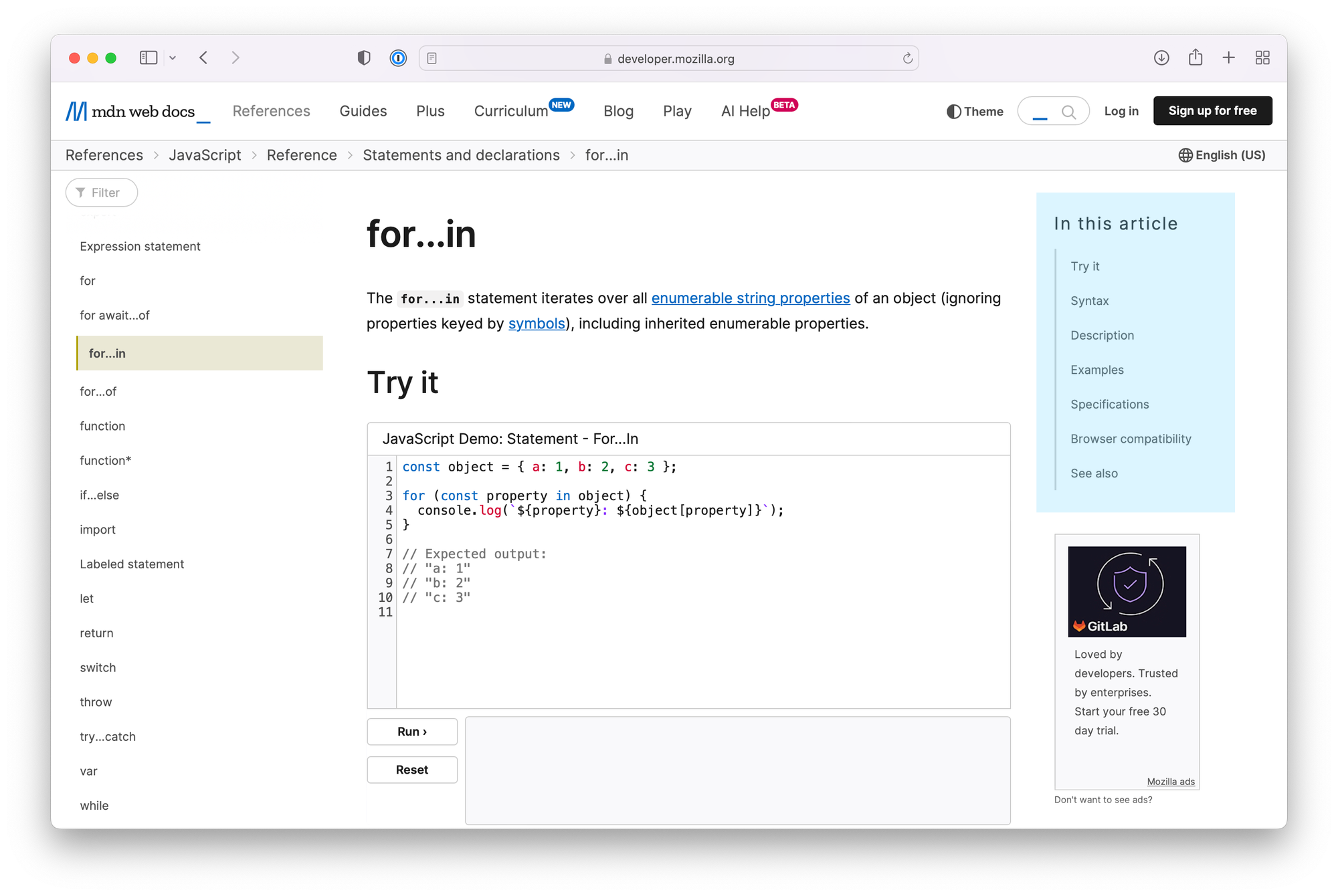 Screenshot of the for…in reference in the Mozilla developer documentation with a blue overlaid box highlighting the "In this article" outline component.