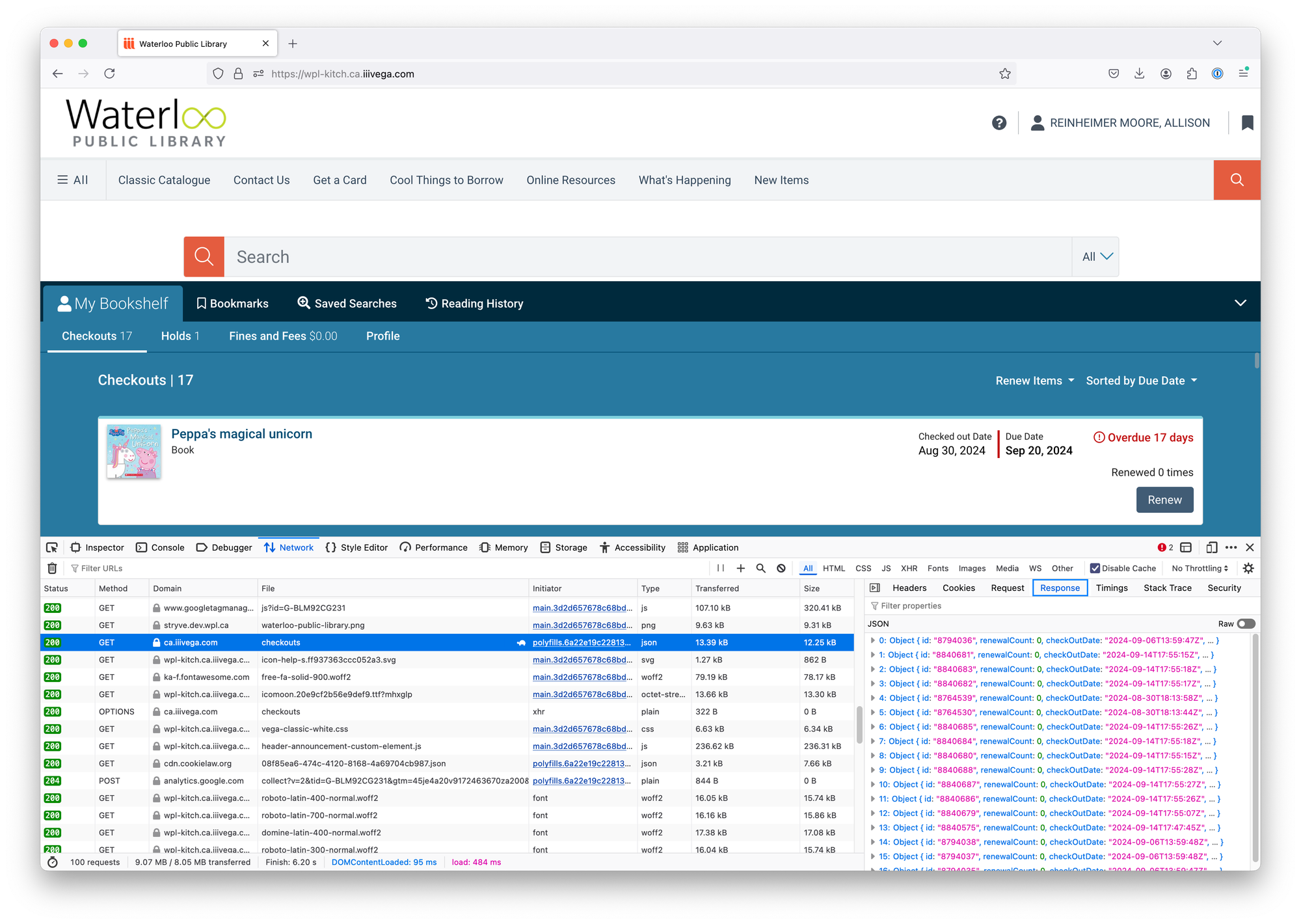 Screenshot of Waterloo Public Library's logged-in checkouts page with developer tools open.