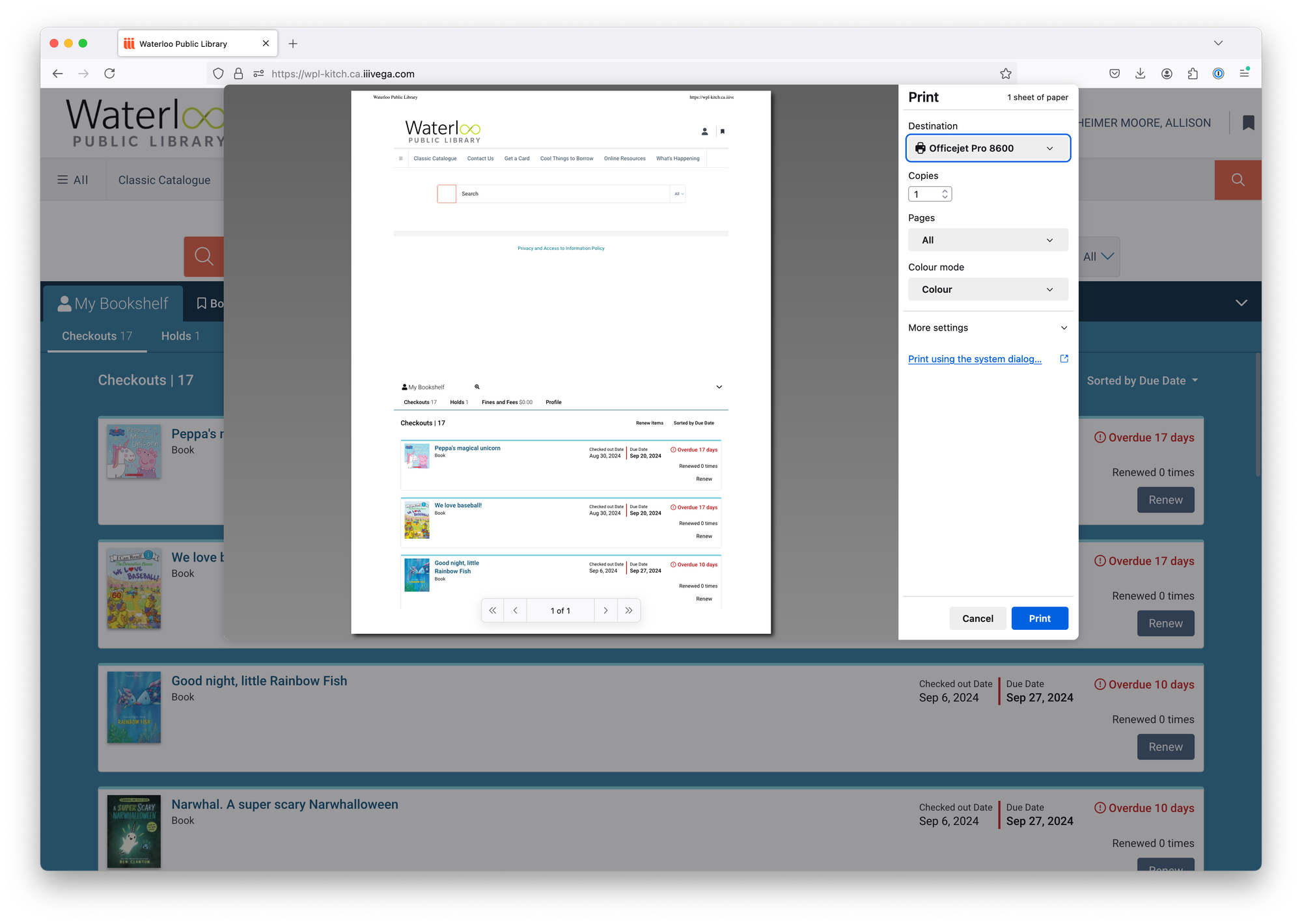 Screenshot of print preview window, showing 3 books and 1 of 1 pages.