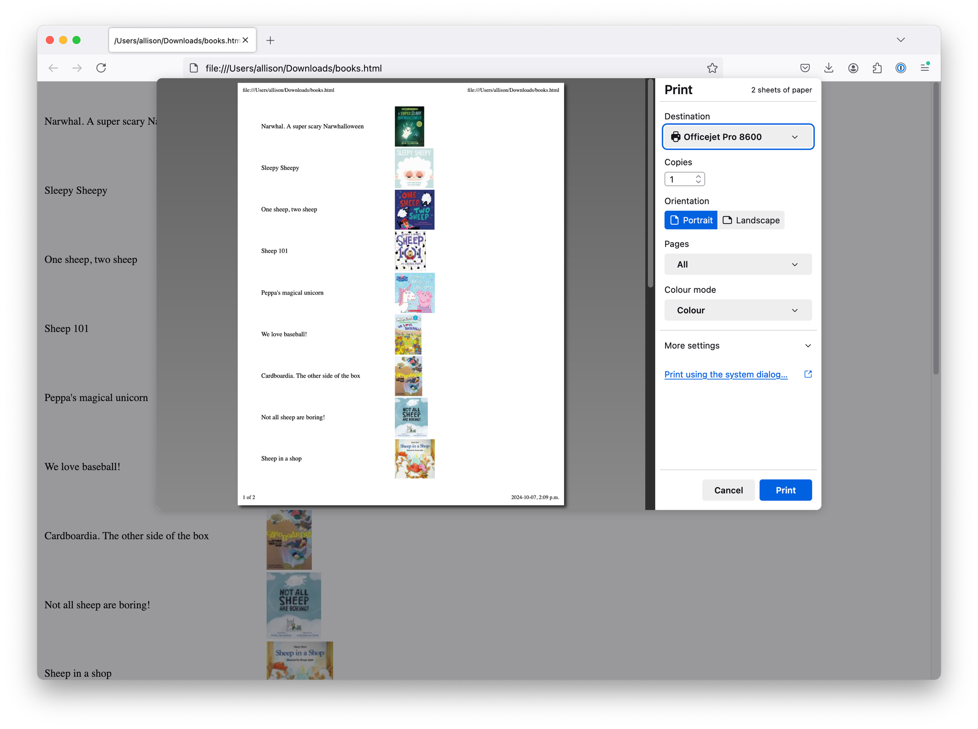 Screenshot of the resulting dodgy HTML page my script made, with print preview overlay showing all titles.