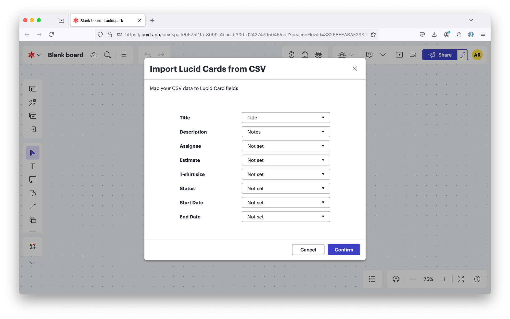 Screenshot of import modal in LucidSpark, which prompts users to match their CSV data to Lucid Card fields like 'title', 'description', 'assignee', etc. In this case, only title and description were set.