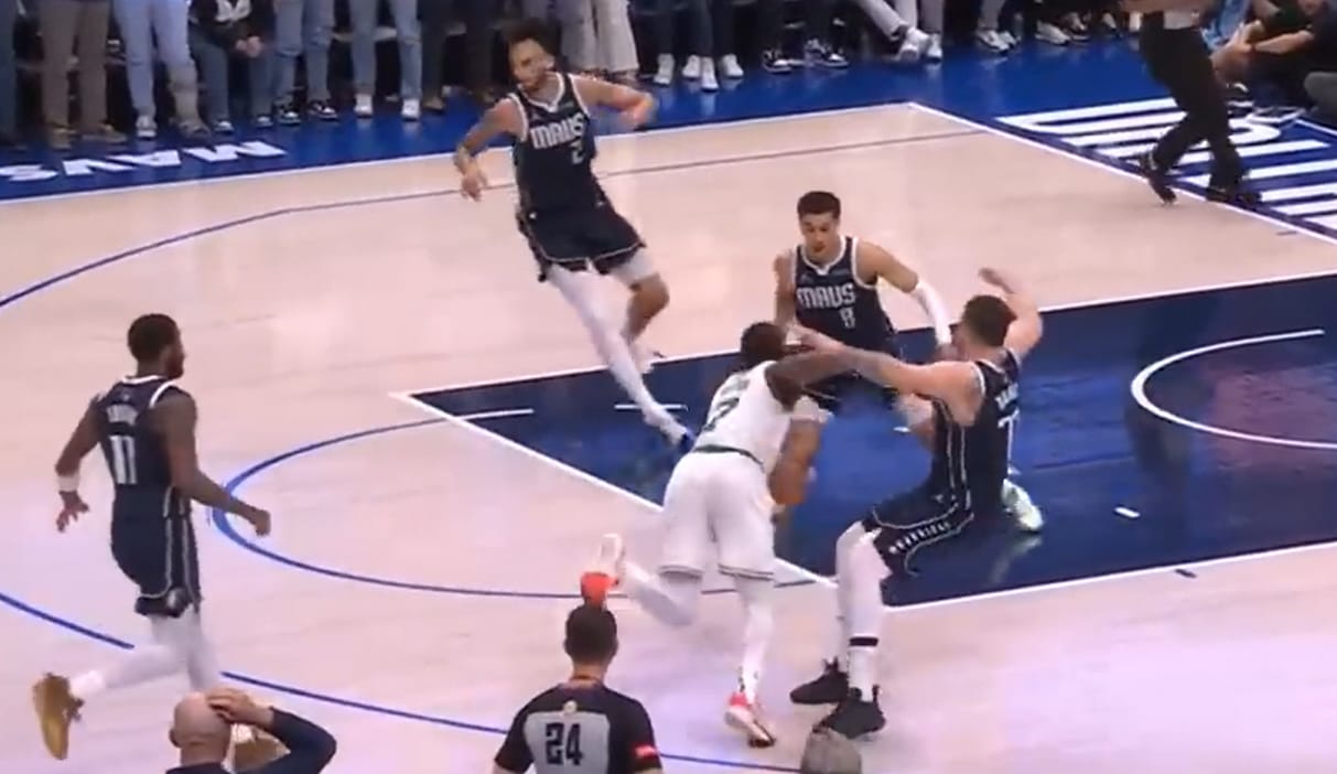 Jaylen Brown pushes off on Luka Dončić in Game 3 of the NBA Finals, but gets the call.