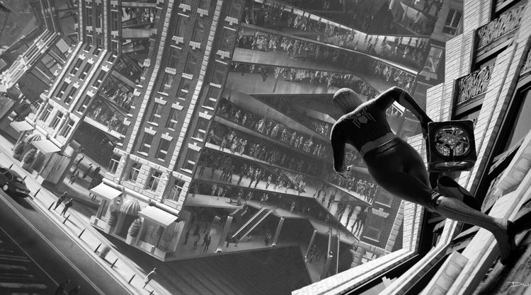 Spider-Man running through the mirror dimension in "Spider-Man: No Way Home"