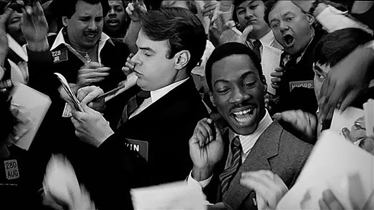 Dan Akroyd and Eddie Murphy playing everyone for suckers as Louis Winthorp III and Billy Ray Valentine on Wall Street in "Trading Places."