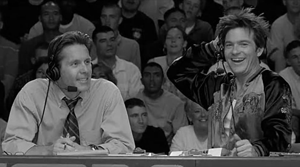 A scene from "Dodgeball: A True Underdog Story," where Gary Cole and Jason Bateman play commentators on ESPN 8, "The Ocho."