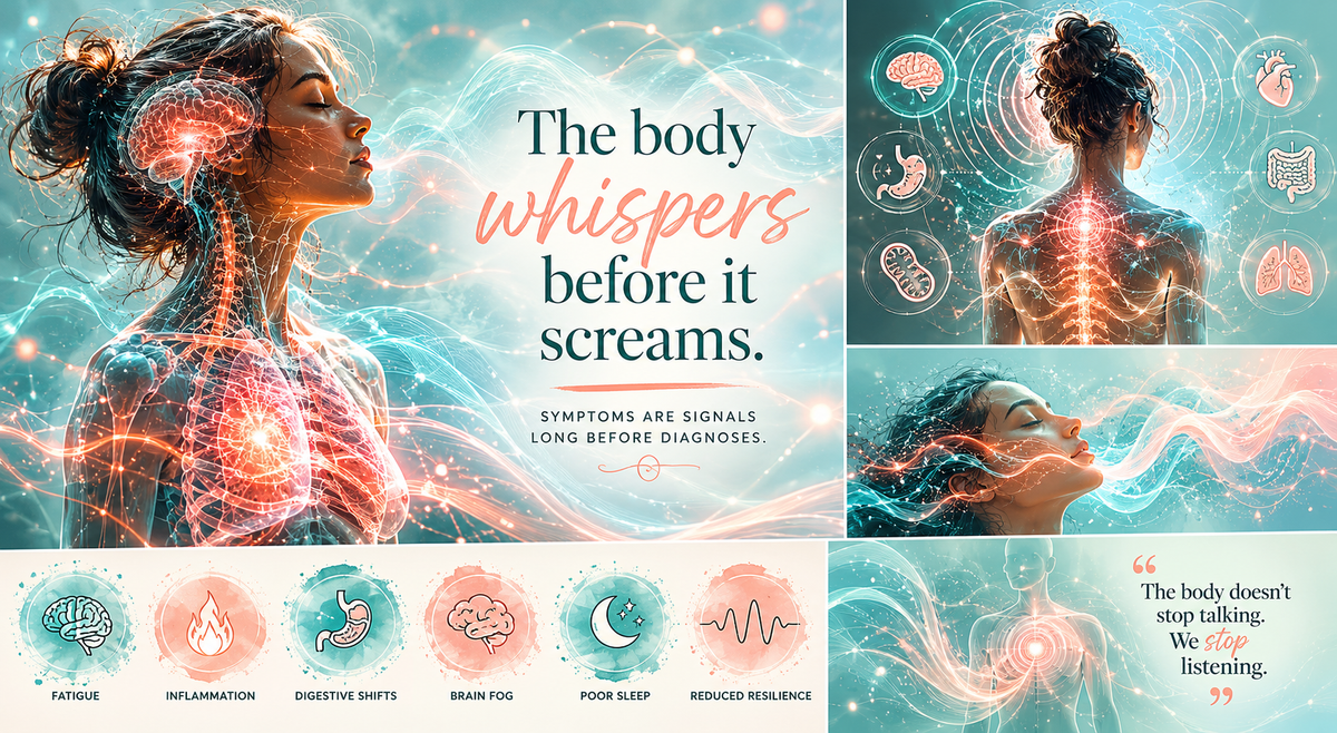 Fatigue, brain fog, inflammation, poor sleep, and feeling “off” are often signals long before diagnosis. Learn why the body whispers before it screams.