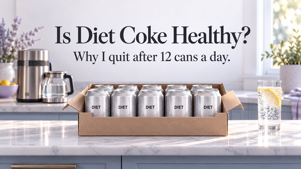Is Diet Coke healthy? Box of diet soda cans next to a glass of sparkling water with lemon on a kitchen counter