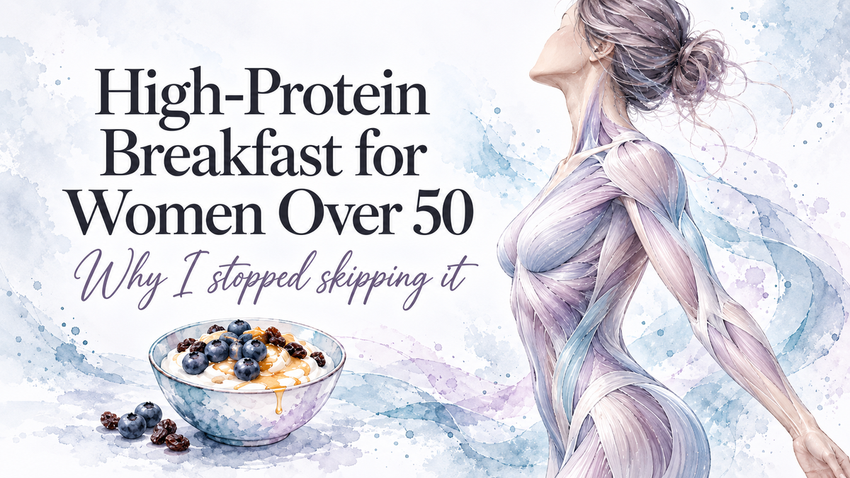 Watercolor illustration of a woman's muscles beside a Greek yogurt bowl, showing a high-protein breakfast for women over 50 to protect muscle and energy.