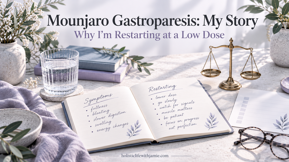 Symptom journal listing gastroparesis signs and a low-dose Mounjaro restart plan, beside a glass of water and a balance scale