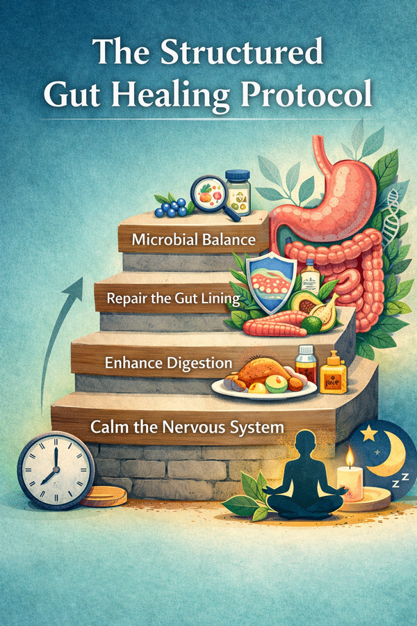 A step-by-step protocol to rebuild gut health naturally by restoring regulation, digestion, and microbial balance.