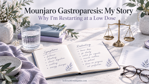 Symptom journal listing gastroparesis signs and a low-dose Mounjaro restart plan, beside a glass of water and a balance scale