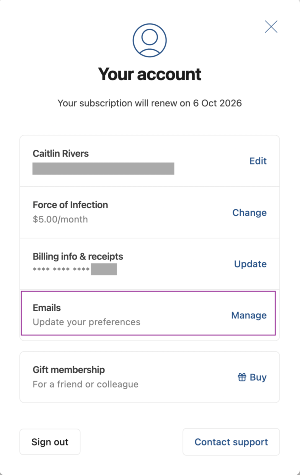 Account menu showing Emails, Manage