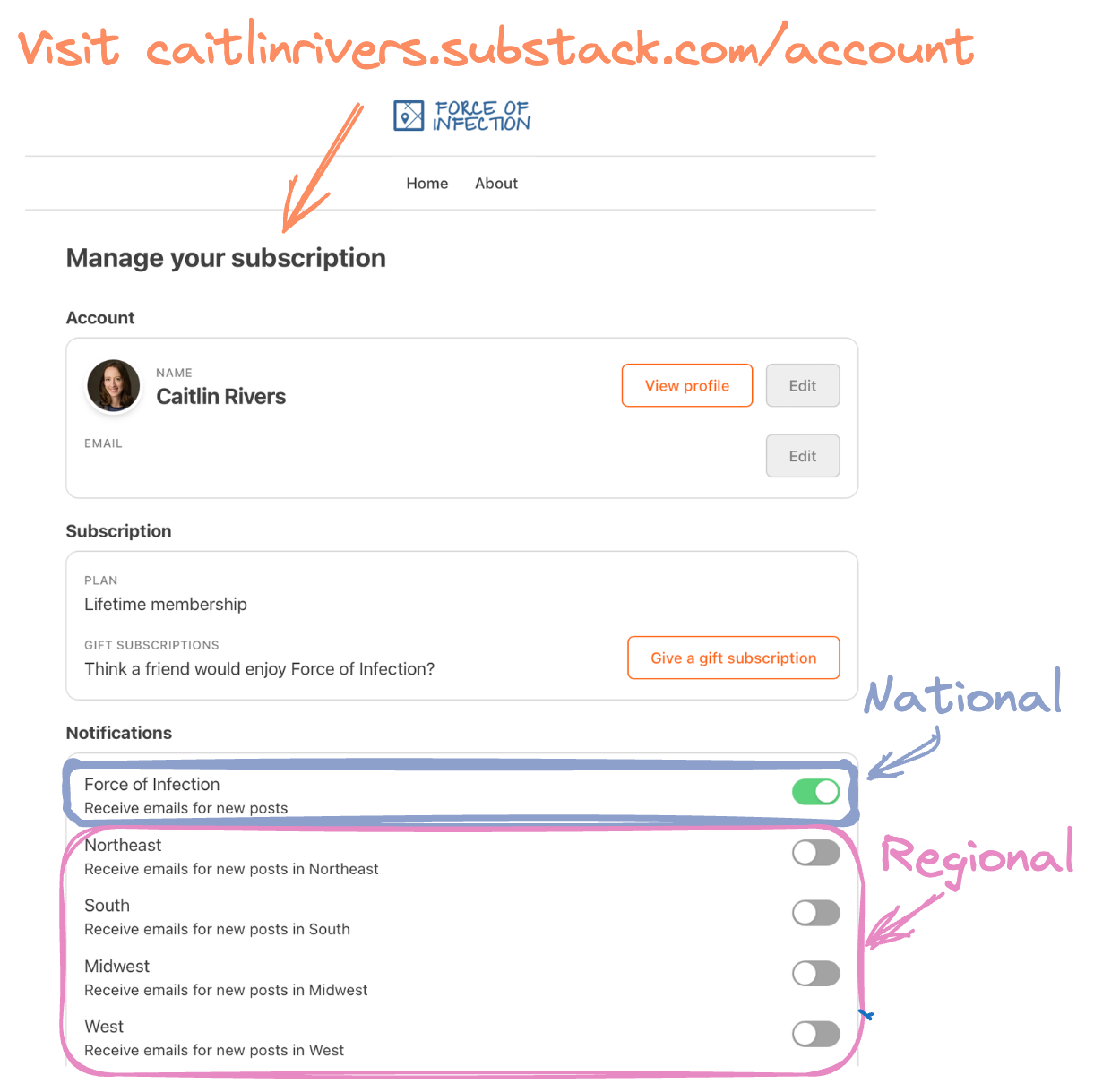 Visit caitlinrivers.substack.com/account. Scroll down to Notifications, and toggle the editions you wish to receive.
