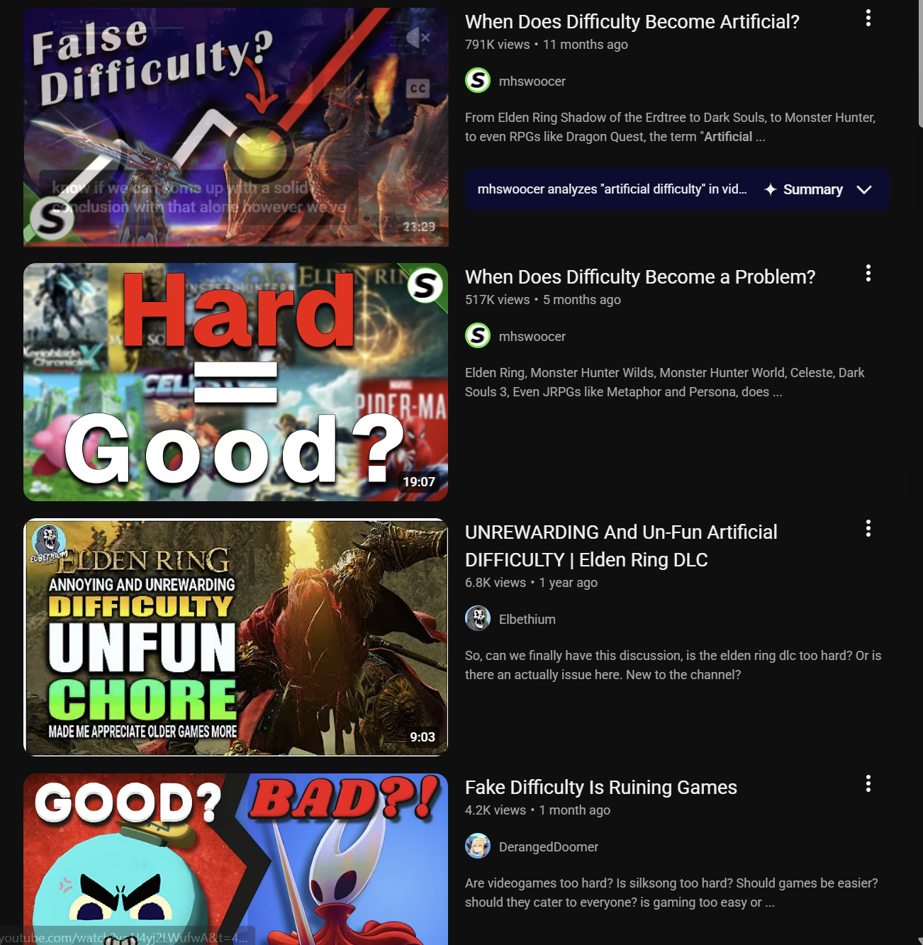 A list of clickbaity youtube vidoes discussing "artificial difficulty"