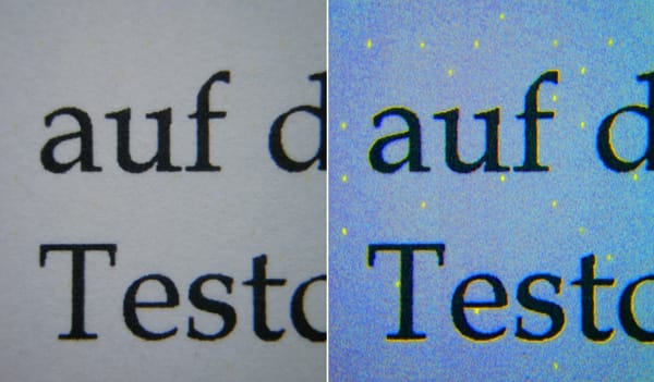 Side by side image of two close-ups of the same document with and without a black light shone on it. In the image with the black light, the dots are clearly visible, but don't seem visible in the one without the black light.