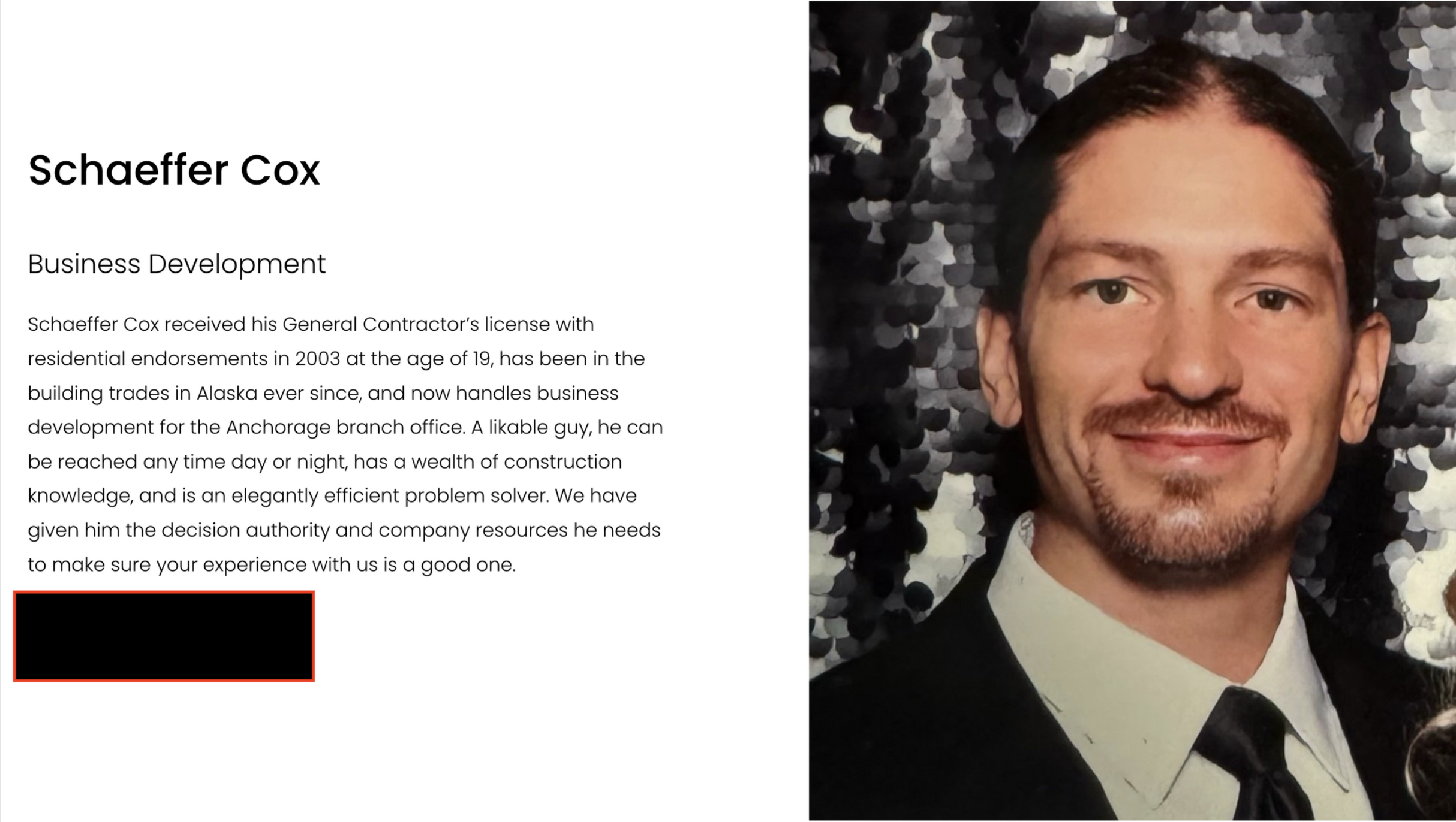 A listing for Alaska resident and former federal prisoner, Schaeffer Cox. The listing appears on one of Seth Church's business websites.