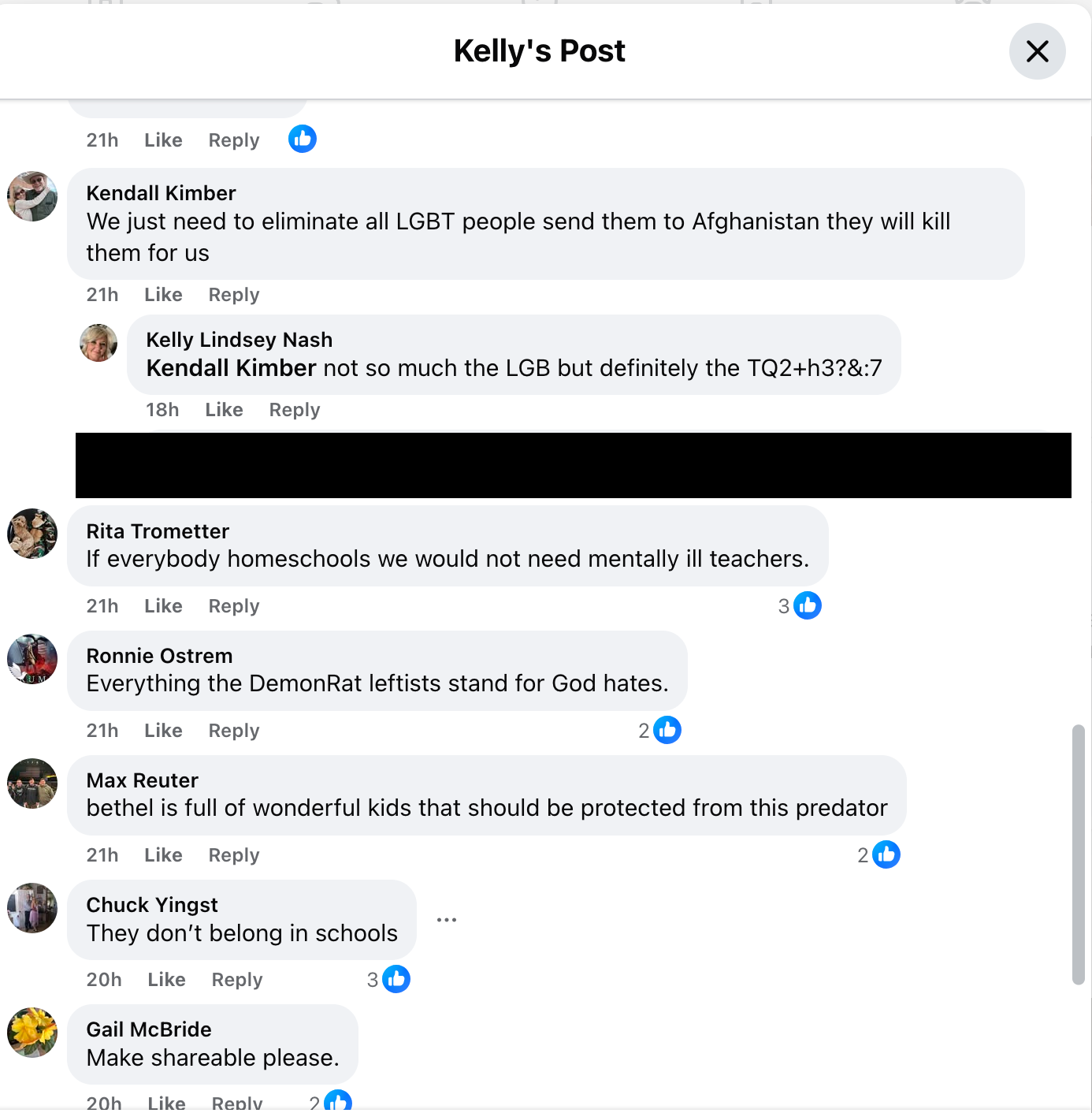 Fairbanks lunatic Kelly Lindsey Nash calls for the elmination of transgender, queer, and Two-Spirit peoples.