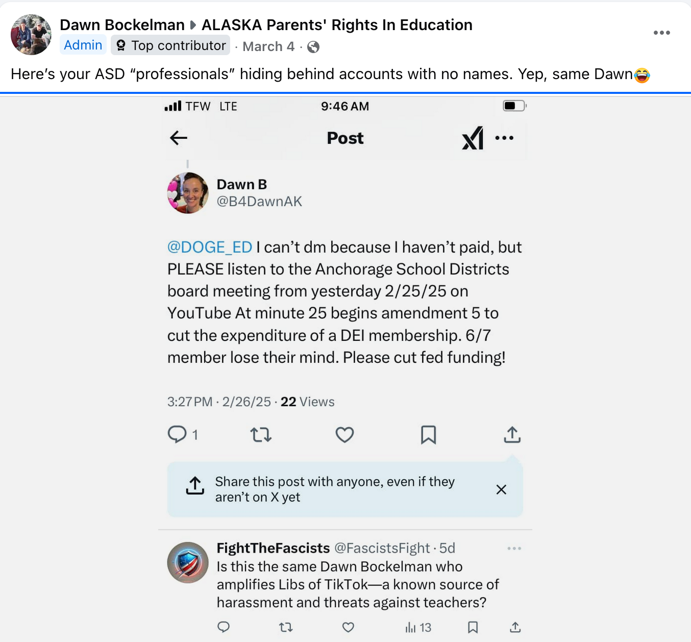 In a Facebook post, Dawn Bockelman freely admits to contributing to the doxxing and targeted harassment of teachers.