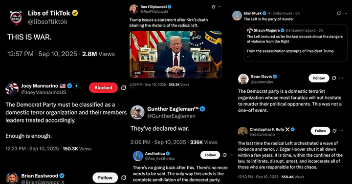 MAGA influencers are openly escalating their violent rhetoric, calling Democrats "terrorists" and declaring "war" in the wake of Charlie Kirk’s death.