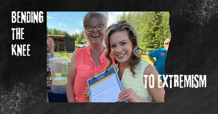 All smiles for extremism. Gubernatorial hopeful Bernadette Wilson proudly displays her newly signed Moms for Liberty "Parent Pledge" at the recent Republican Women of Fairbanks Summer picnic.