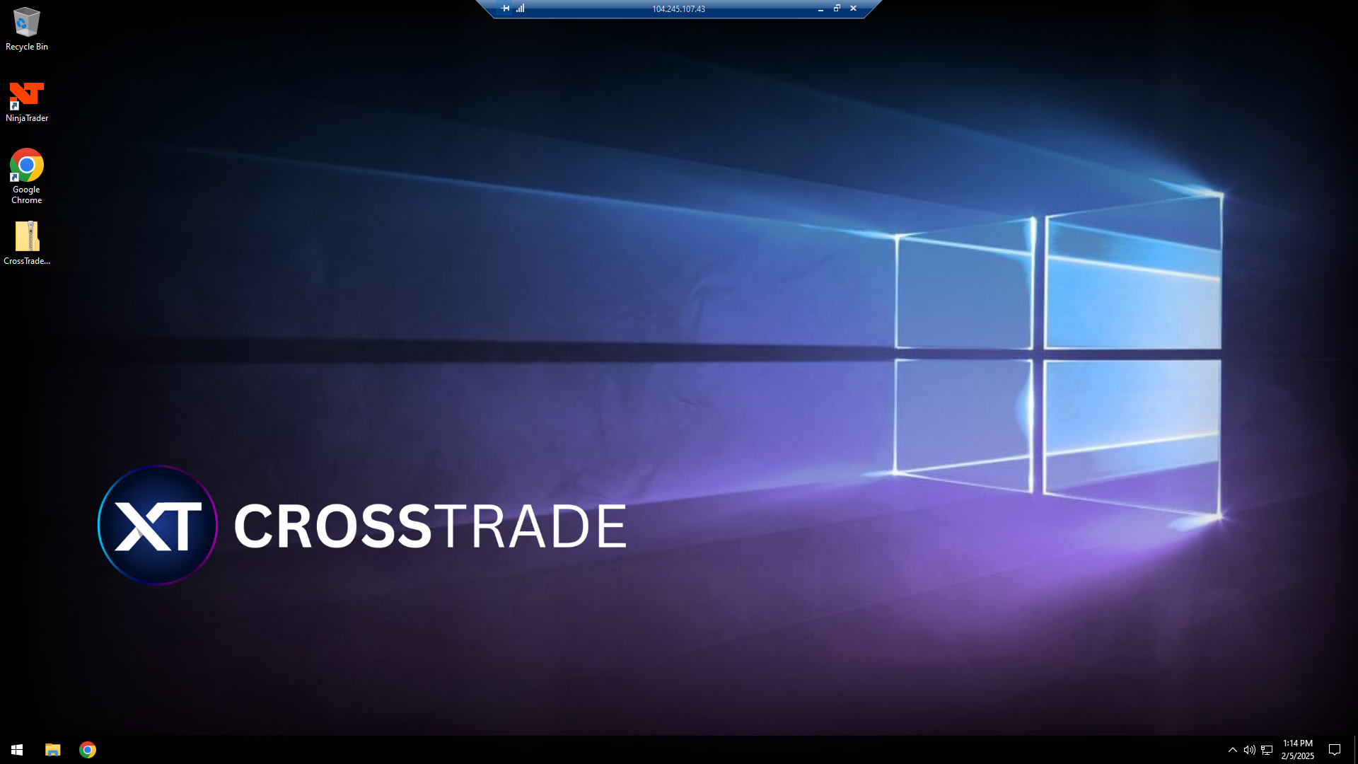 vps server home screen showing crosstrade background with ninjatrader preinstalled