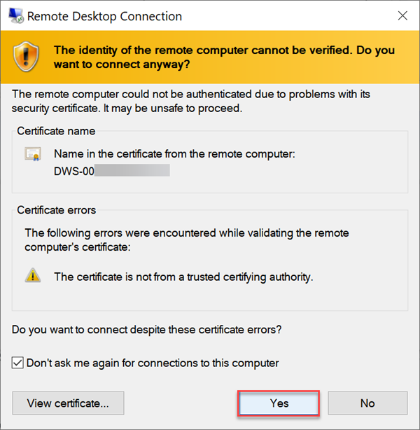 remote desktop connection security warning