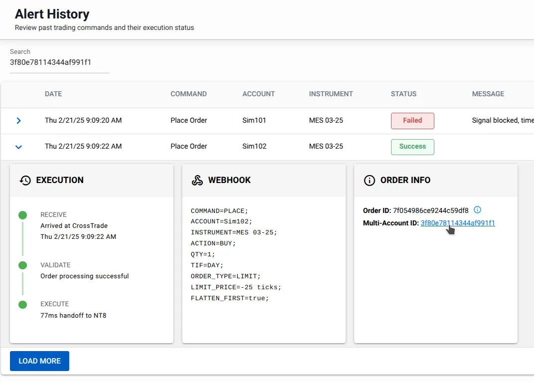 upgraded alert history page for better clarity on tradingview alerts sent to crosstrade