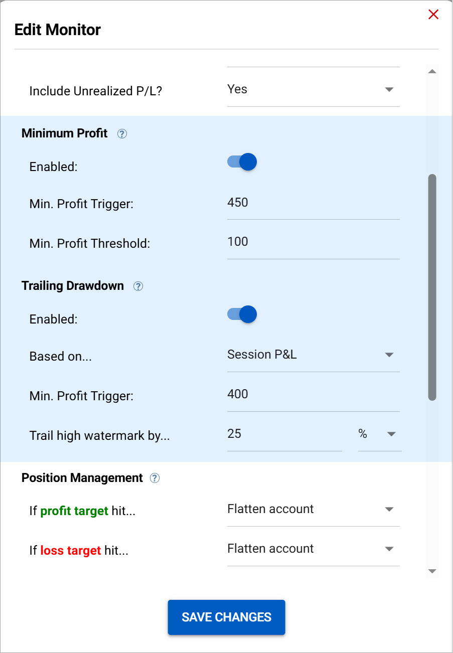 minimum profit and trailing drawdown features in the ninjatrader account manager