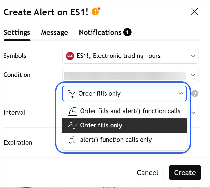 TradingView alert condition options for a strategy showing Order fills and alert() function calls, Order fills only, and alert() function calls only.