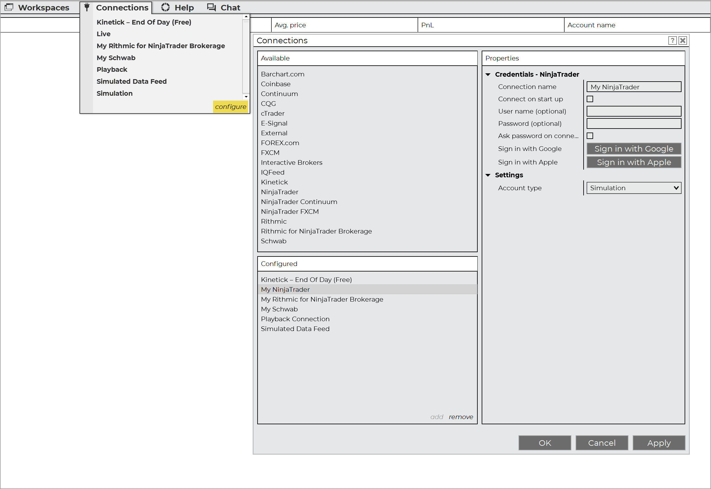 ninjatrader 8 connections window with available data feed options