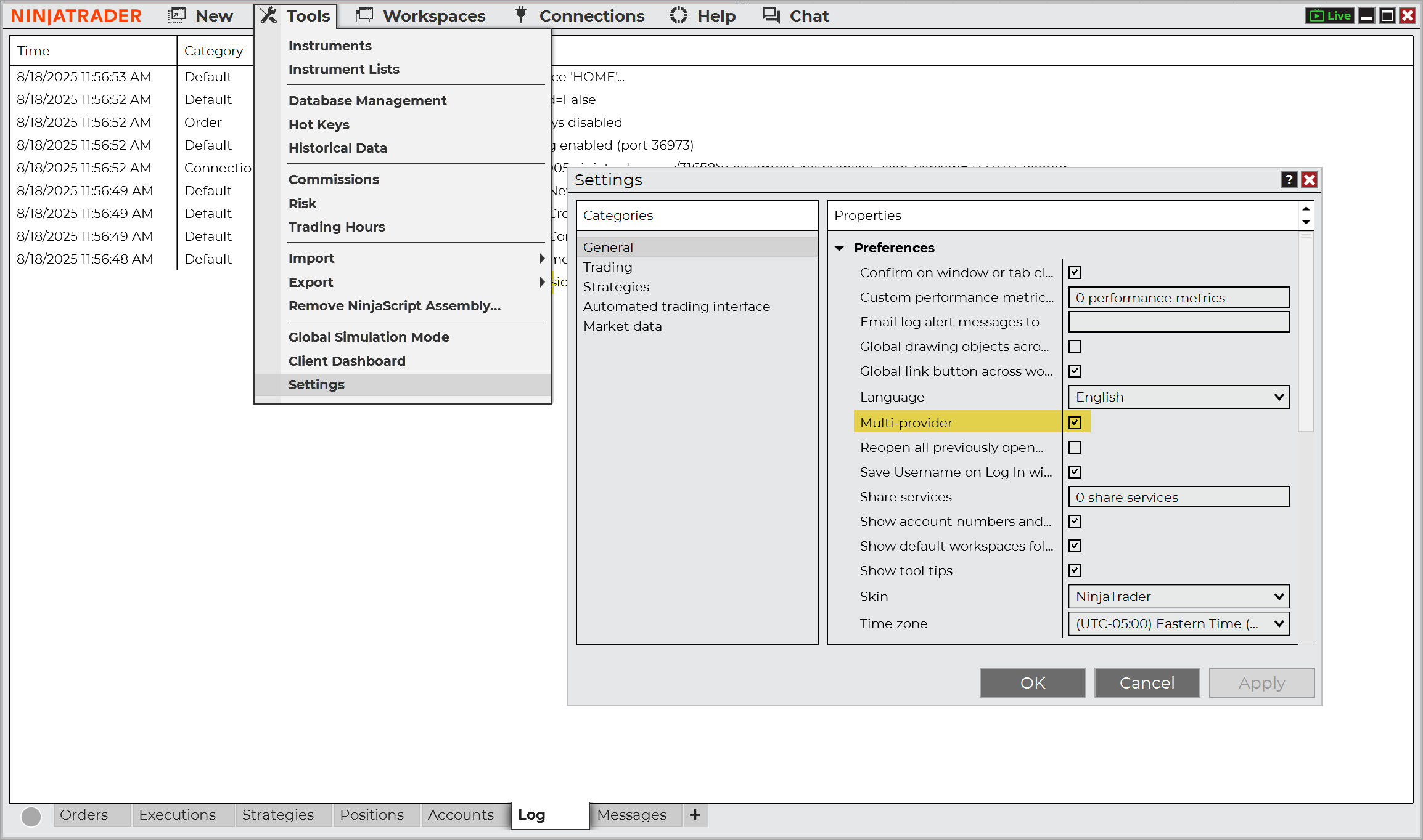 enabling multi-provider mode in ninjatrader 8 settings