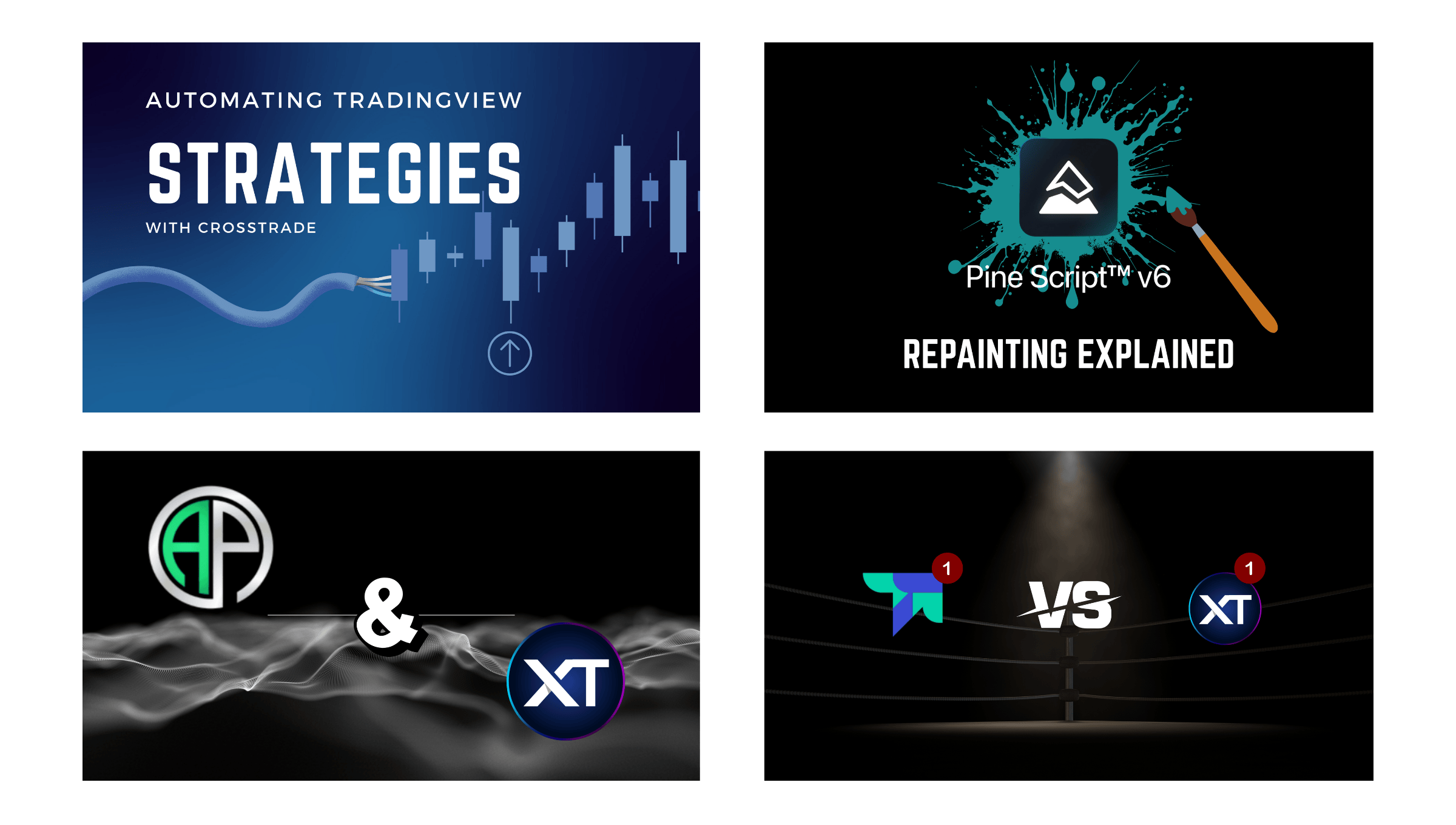 blog cover images from q2 guides on tradingview strategies, repainting, algopro and traderspost