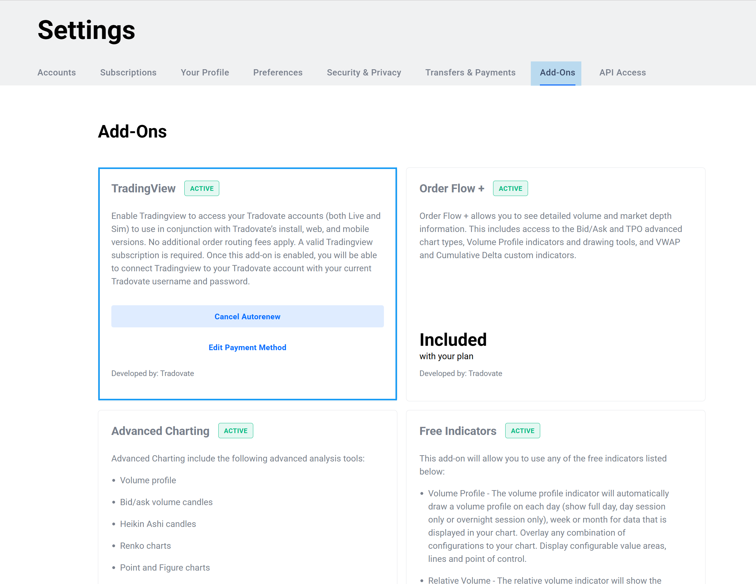 tradovate addons page with tradingview addon highlighted