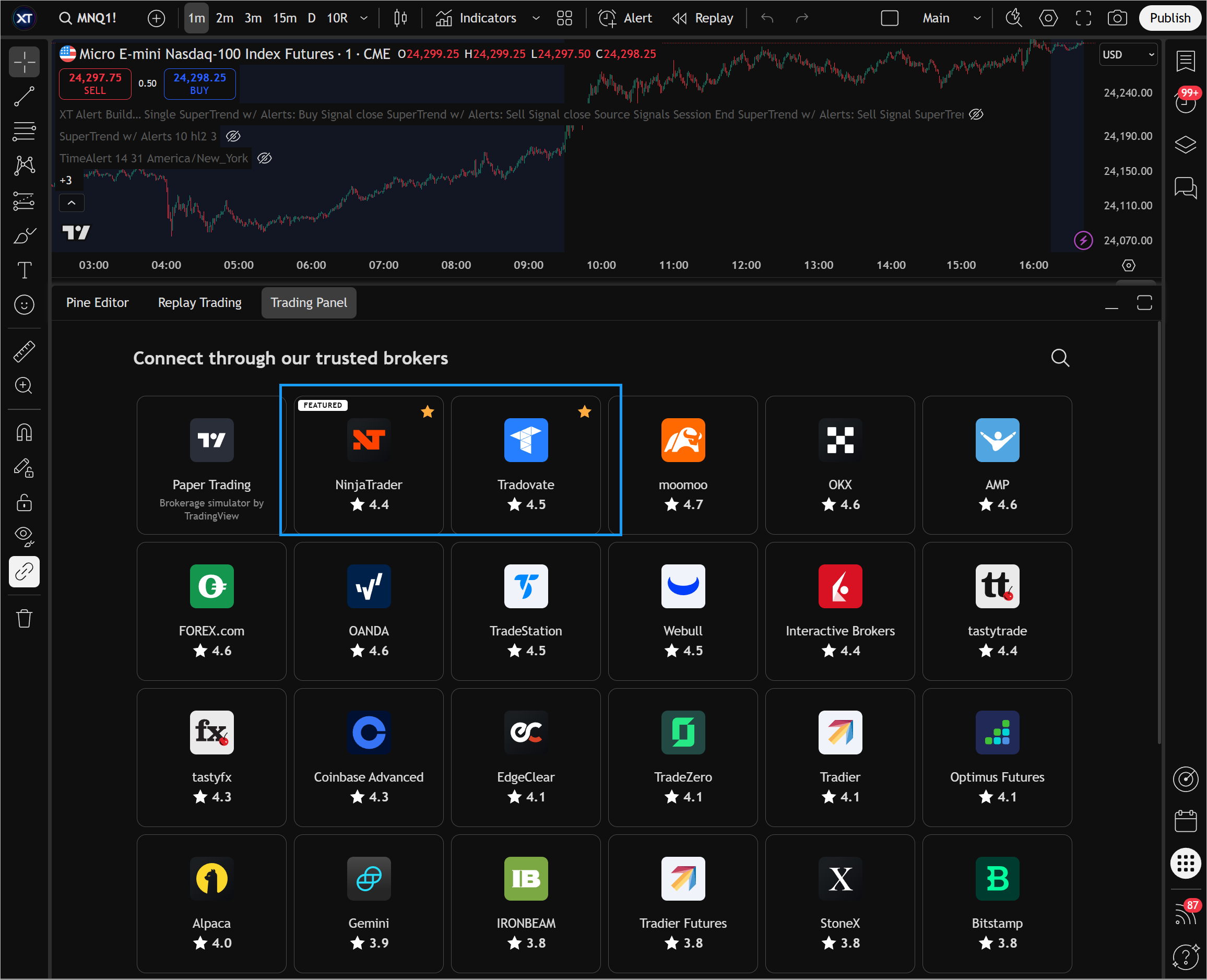 trading panel on tradingview superchart for connecting to NT account through tradovate api