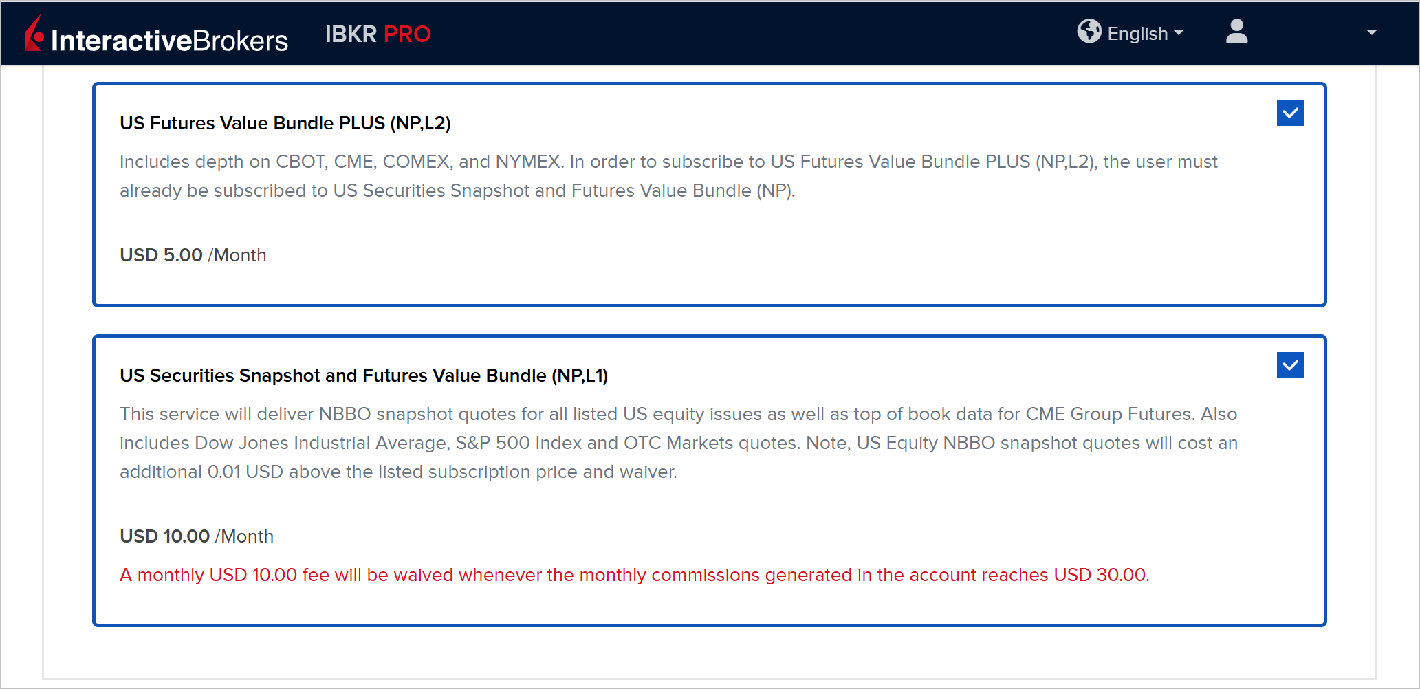 select a data plan on IBKR to power the ninjatrader data connection