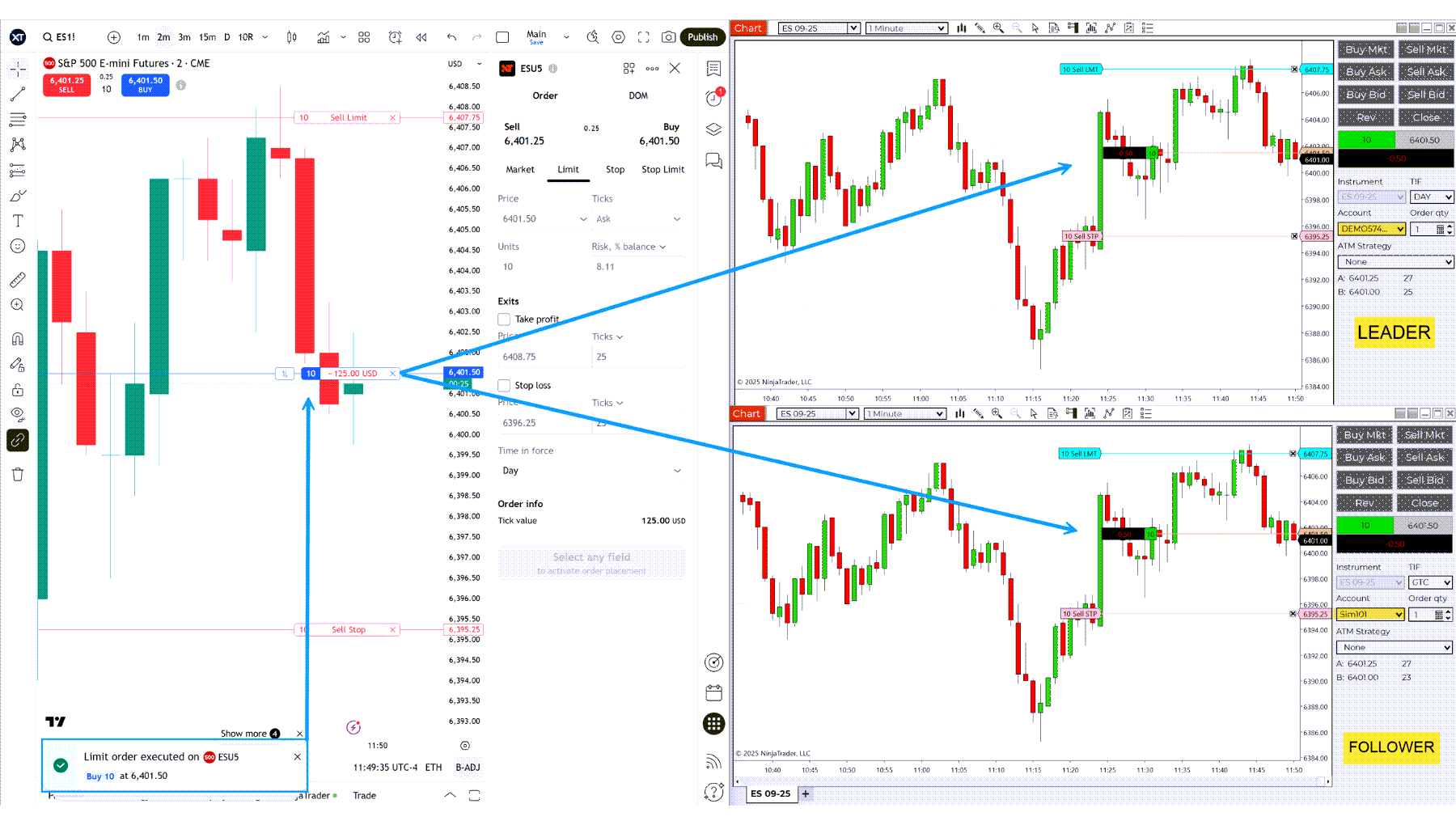 side by side of tradingview and ninjatrader 8 manual trade with bracket orders being copied