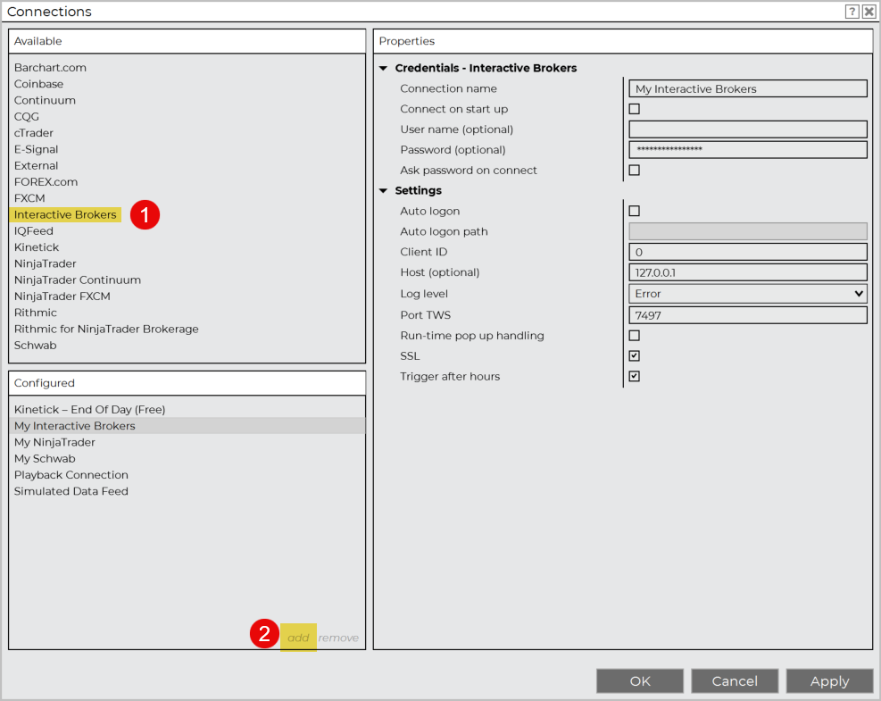 the interactive brokers data connection configuration on ninjatrader desktop