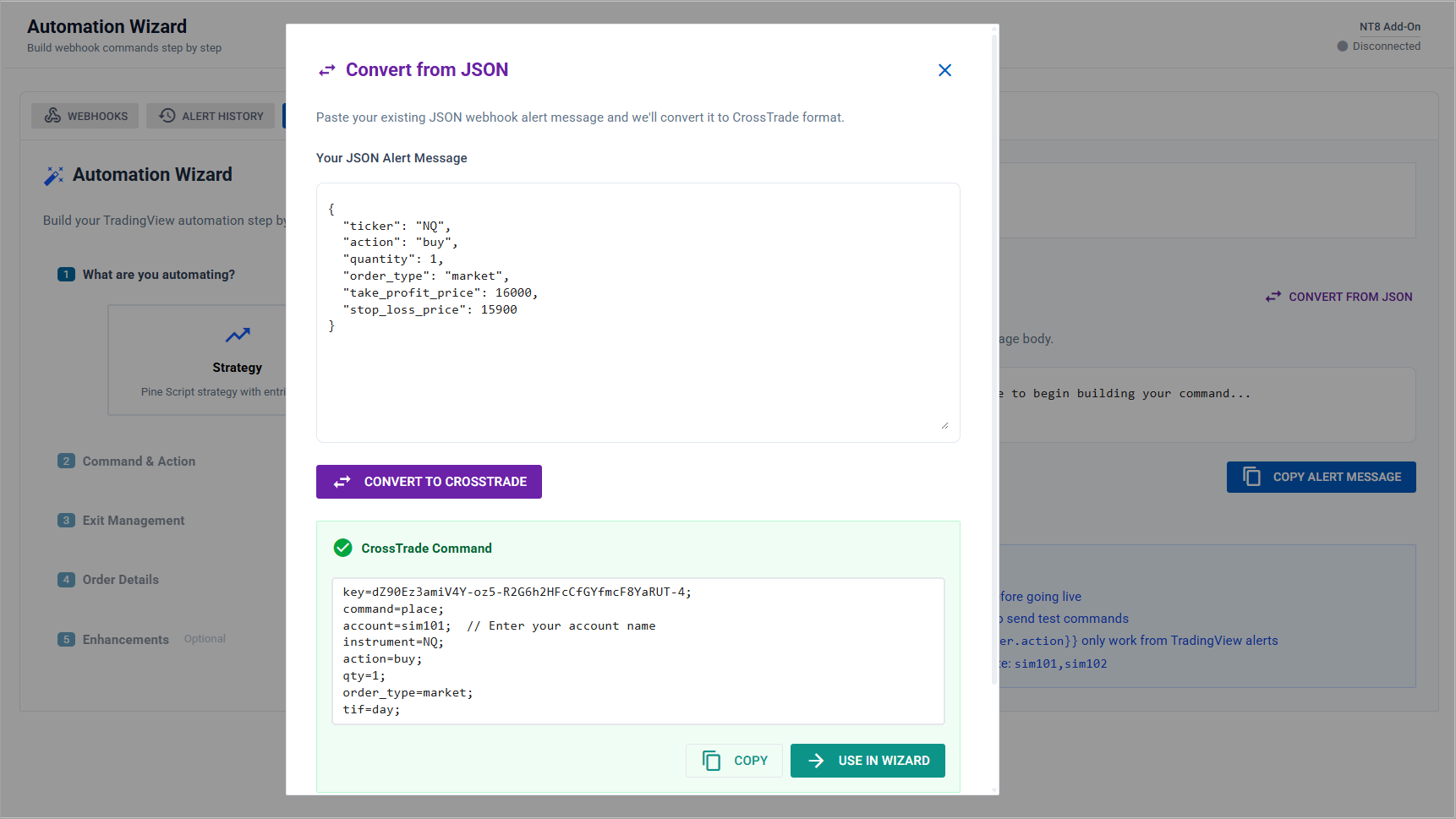 CrossTrade Automation Wizard JSON Converter converting a TradersPost JSON webhook payload into CrossTrade's key=value command format for NinjaTrader 8.