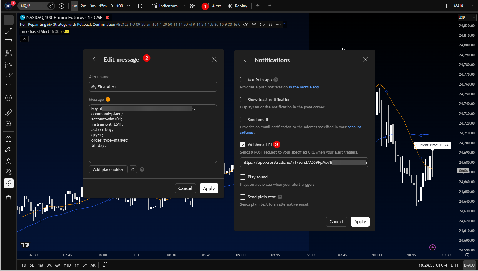 TradingView alert creation window with Notifications tab open showing CrossTrade webhook URL pasted in the Webhook URL field