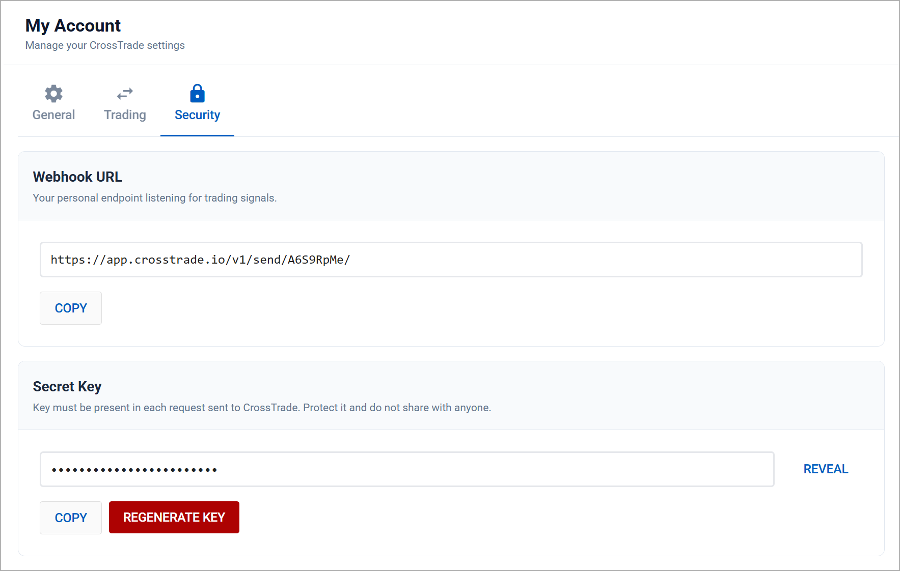 CrossTrade My Account page showing webhook URL copy button and secret key fields used for TradingView alert configuration