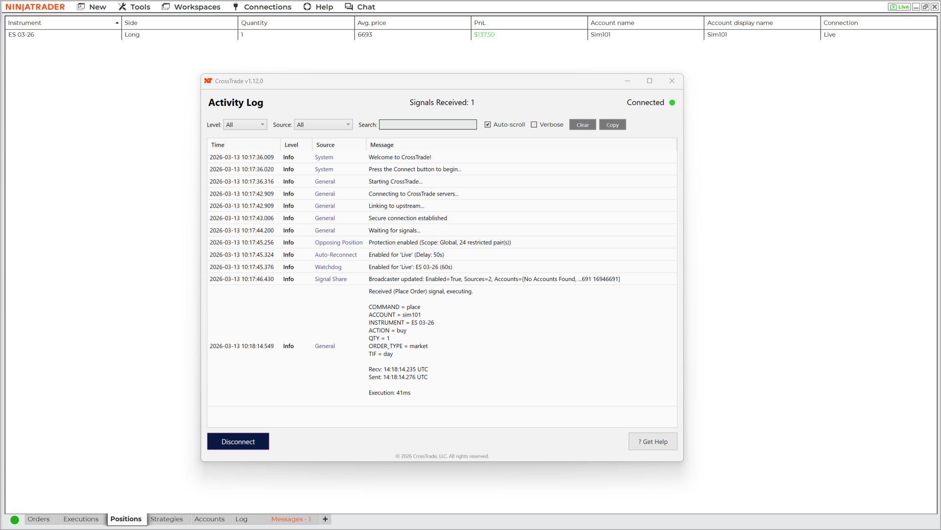 CrossTrade XT Add-On login panel inside NinjaTrader 8 Control Center showing email and password fields with green connection indicato