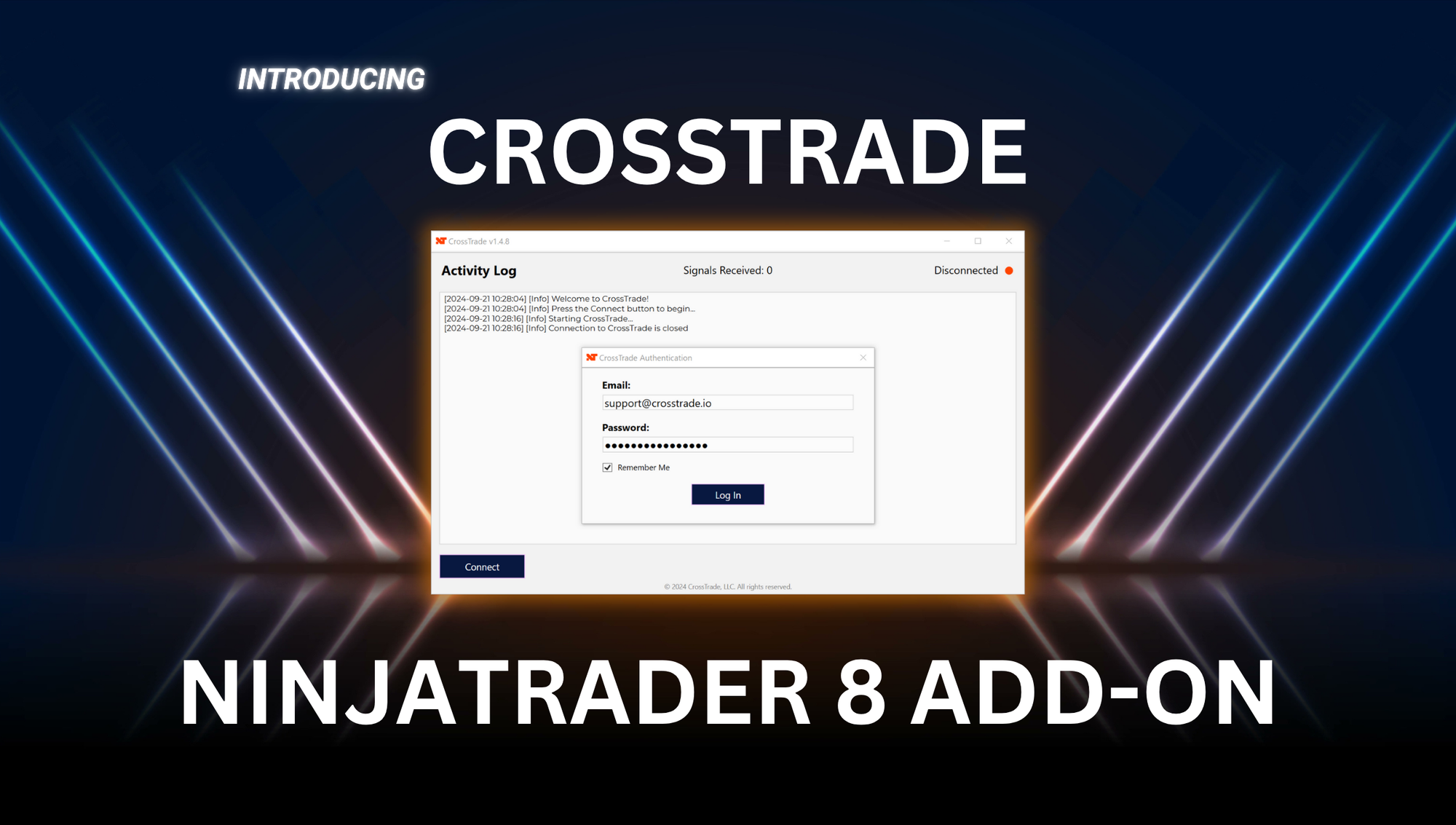 Screenshot of the new CrossTrade NinjaTrader NT8 Add-On interface