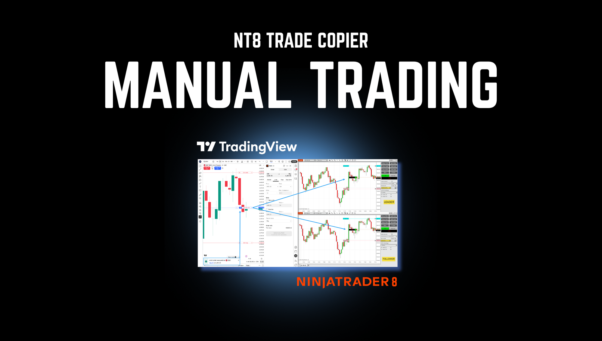 nt8 trade copier title with bold font that says manual trading and an image of tradingview and ninjatrader side by side