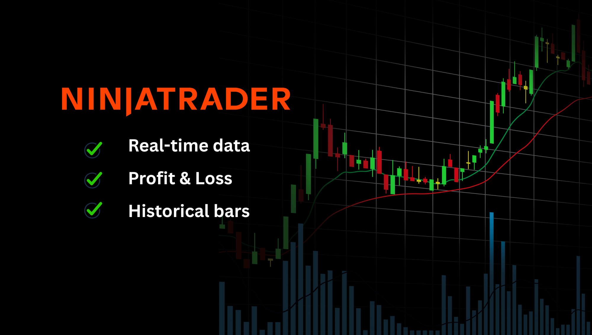NinjaTrader logo with checklist showing real-time data, profit and loss, and historical bars over a candlestick chart — CrossTrade API feature update