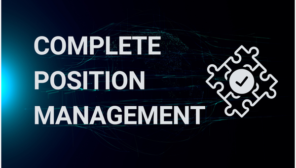 Text 'Complete Position Management' with puzzle icon and checkmark on dark abstract background.