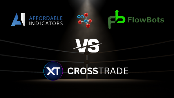 crosstrade logo wth VS text and affordable indicators, apex trade copier, and replikanto flow bots logos 