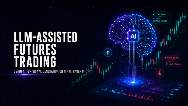 black background with ai brain and stock chart with text "LLM-Assisted Futures Trading"