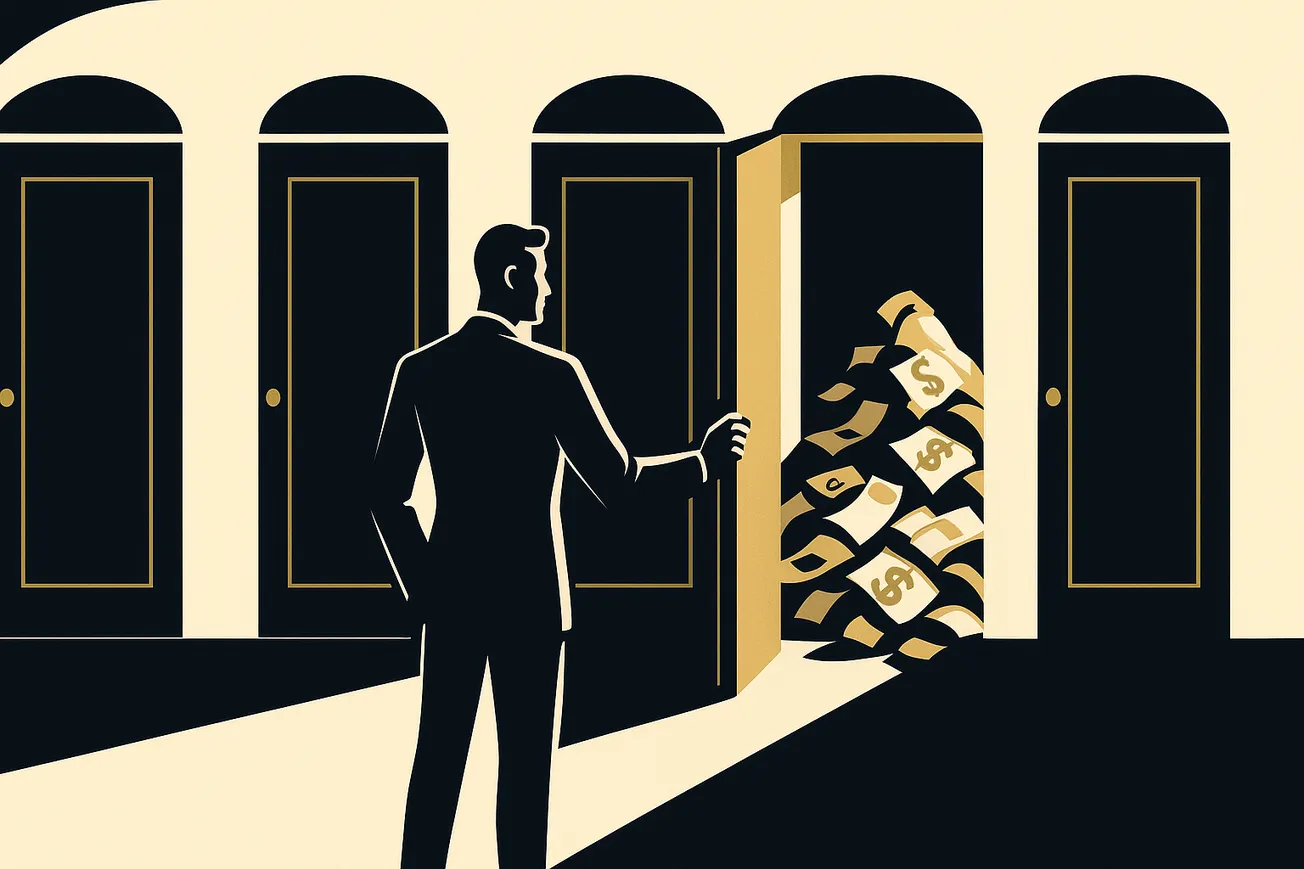 Man opening the right door, finding the right exit for his business which results in huge piles of cash.