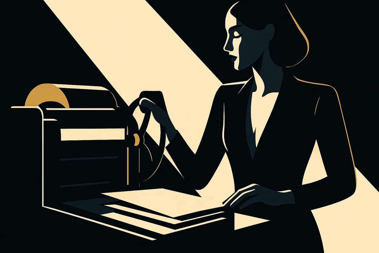 Entrepreneur copying another company's terms of use and privacy policy using a printing press.